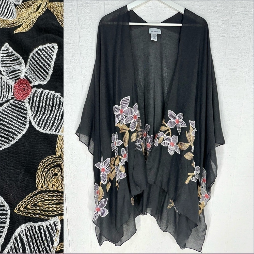 Catherines embroidered gauzy floral black kimono coverup OS